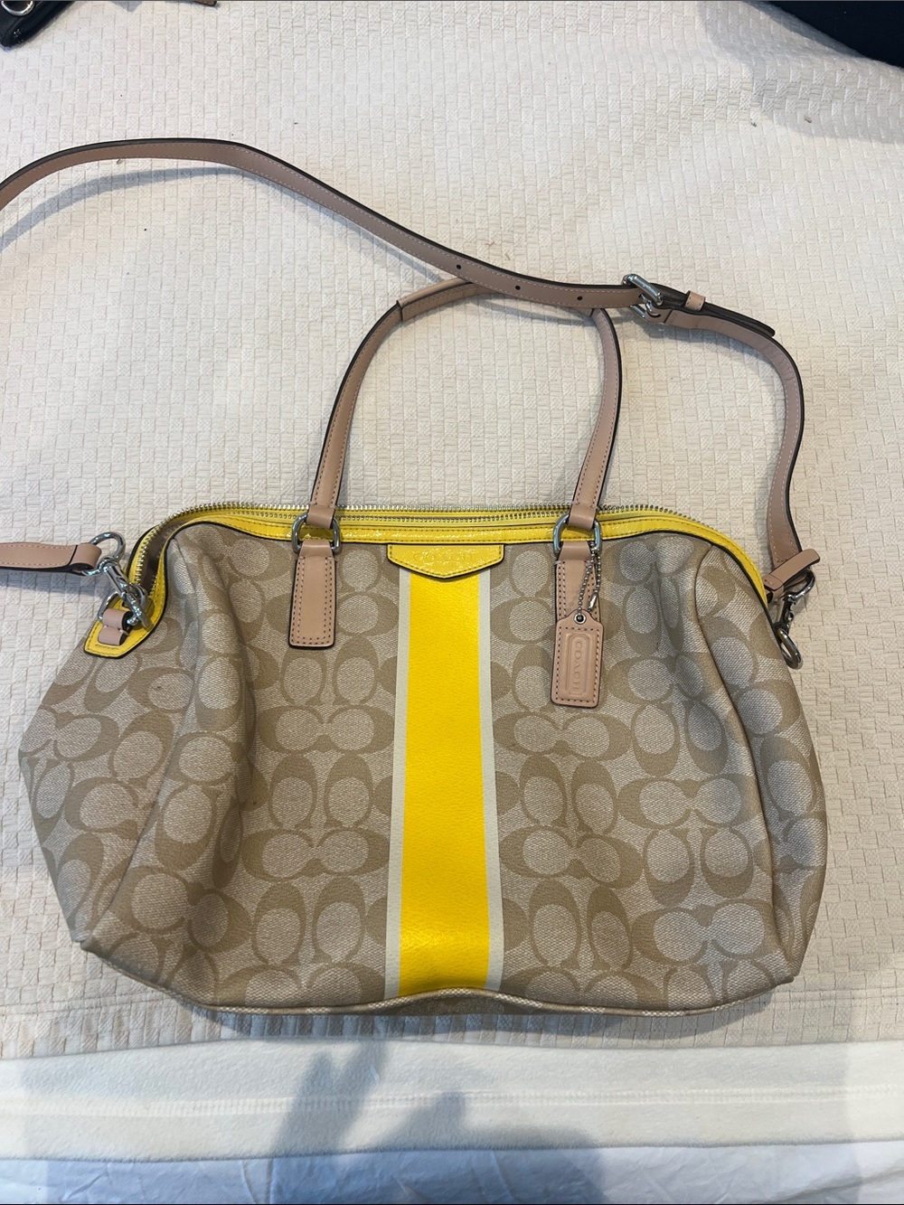 Coach Beige Signature Canvas Satchel with Yellow Stripe